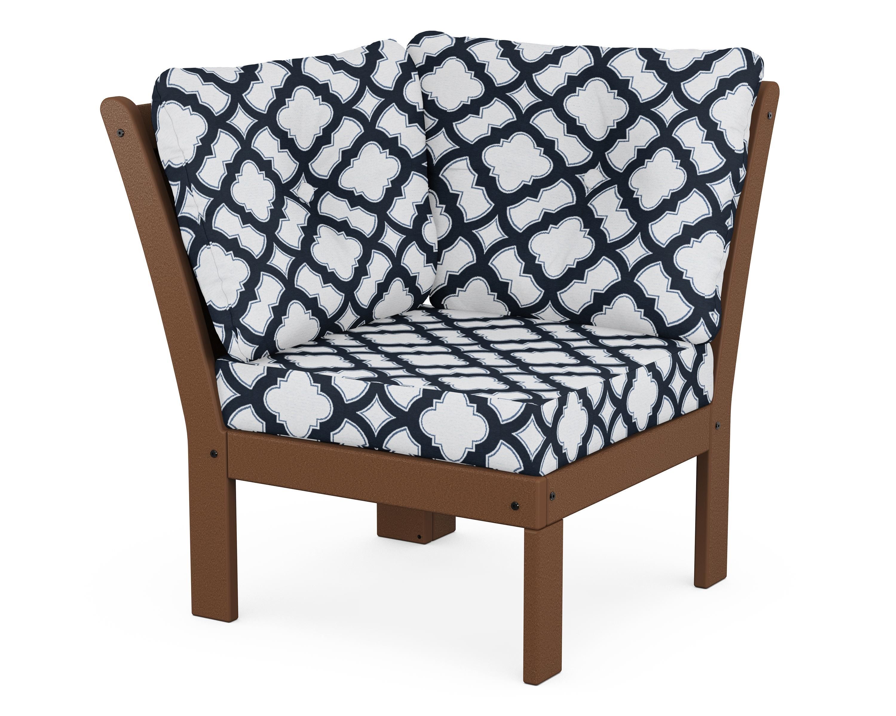 POLYWOOD® Vineyard Modular Corner Chair in Teak / Trellis Marine Indigo
