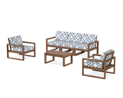 POLYWOOD® EDGE Sectional 4-Piece Deep Seating Set with Sofa in Teak / Trellis Sky Blue
