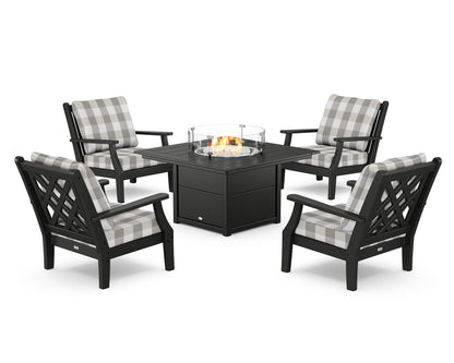 Country Living Wovendale 5-Piece Deep Seating Set with Fire Pit Table in Black / Buffalo Plaid Grey Mist