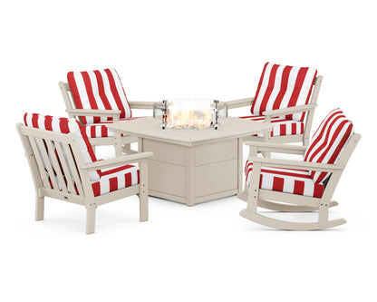 POLYWOOD® Vineyard 5-Piece Deep Seating Rocking Chair Conversation Set with Fire Pit Table in Sand / Cabana Stripe Crimson