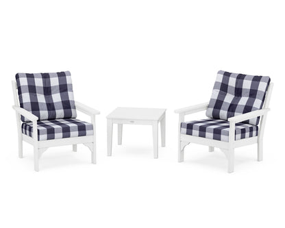 POLYWOOD® Vineyard 3-Piece Deep Seating Set in White / Buffalo Plaid Navy