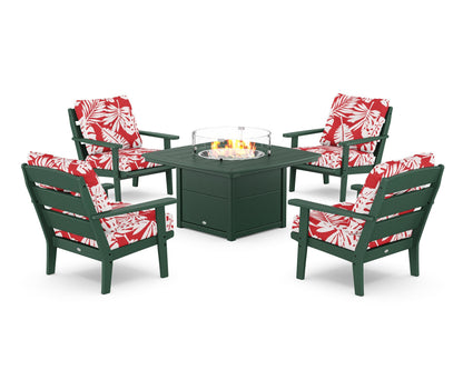 POLYWOOD® Lakeside 5-Piece Deep Seating Set with Nautical Fire Pit Table in Green / Leaf Crimson