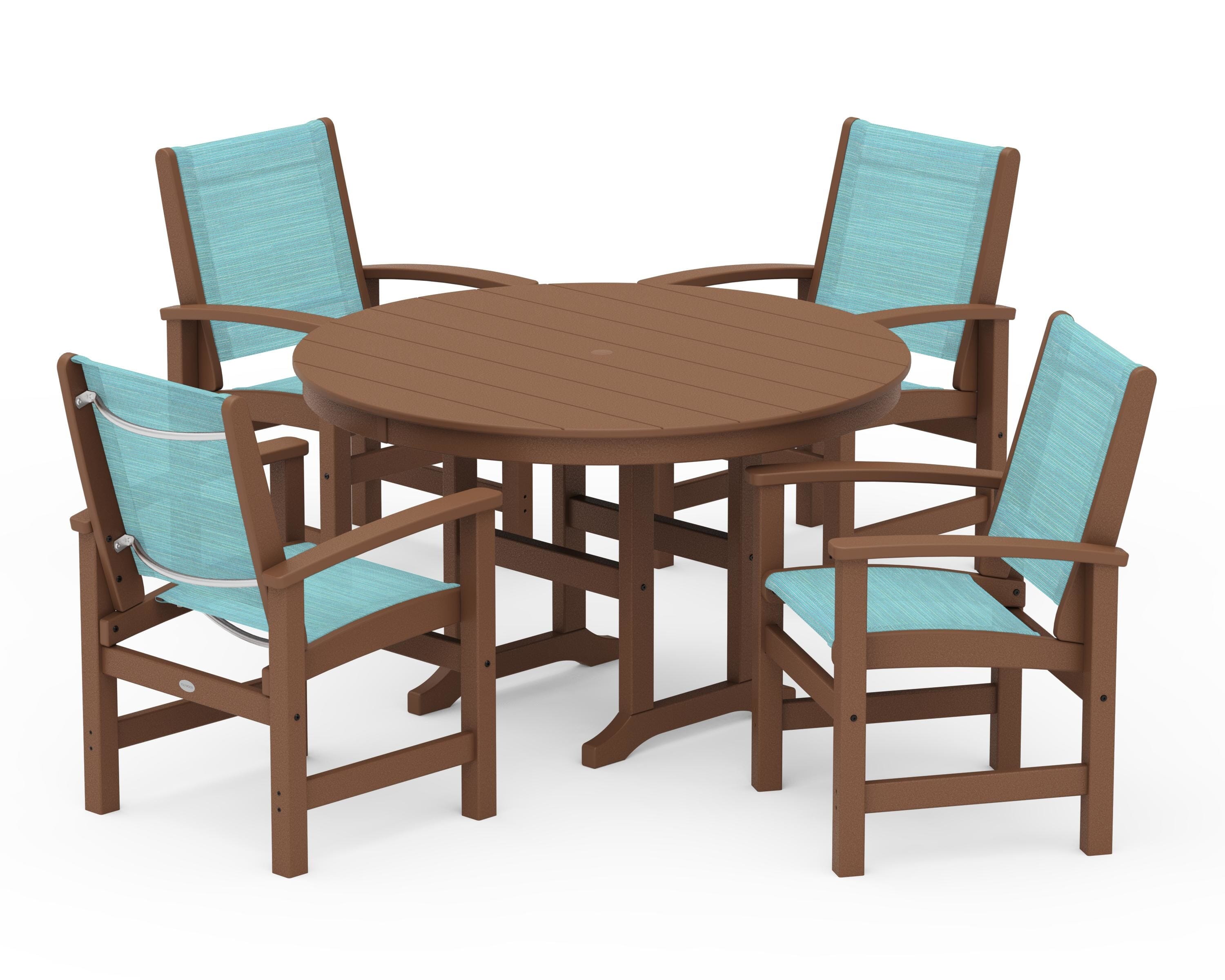 POLYWOOD® Coastal 5-Piece Round Farmhouse Dining Set in Teak / Dupioni Aquamarine Sling