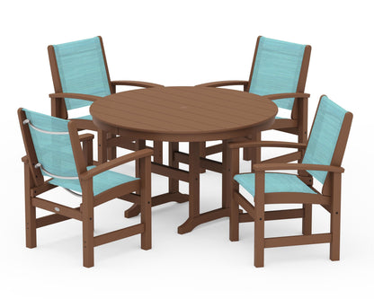POLYWOOD® Coastal 5-Piece Round Farmhouse Dining Set in Teak / Dupioni Aquamarine Sling