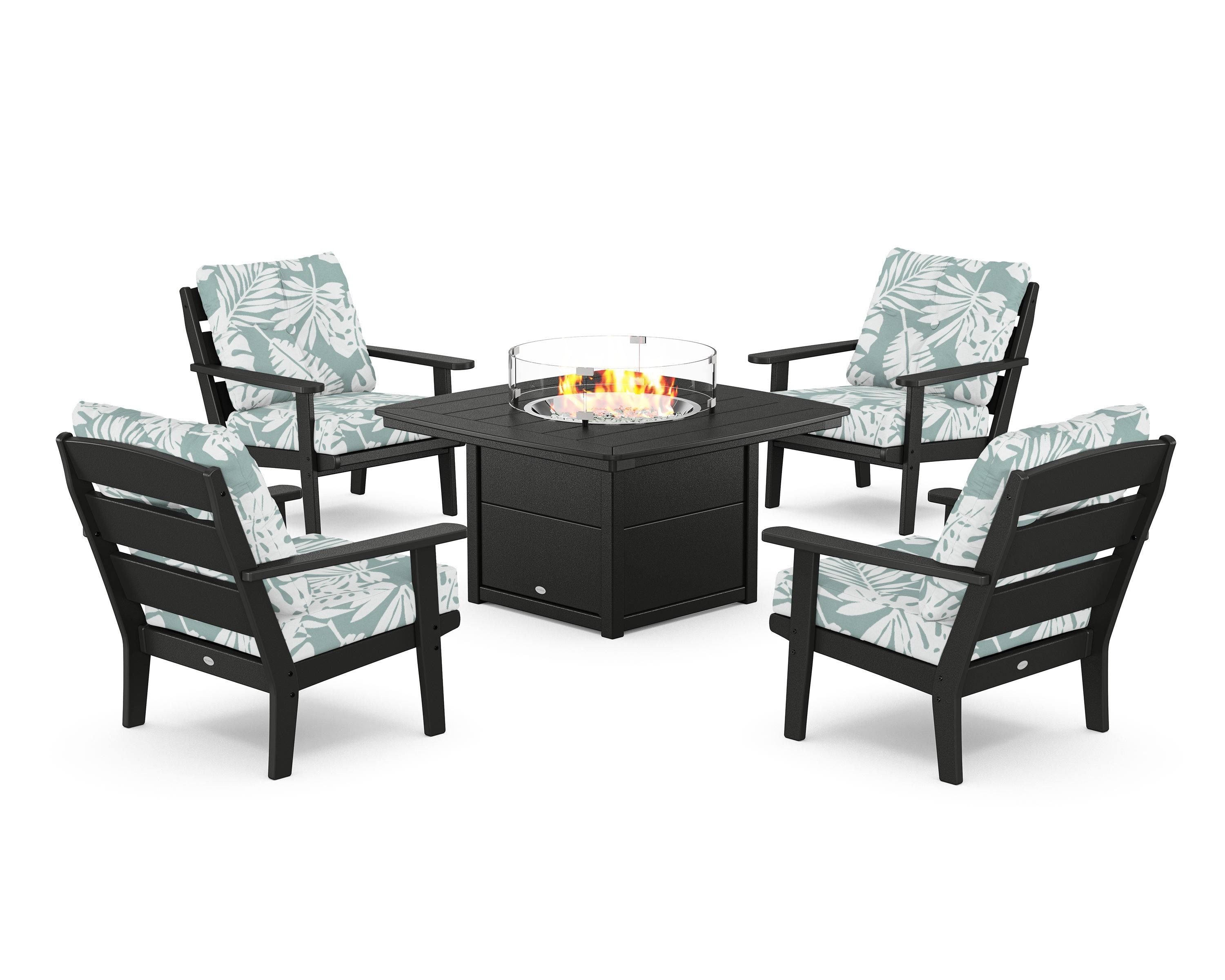 POLYWOOD® Lakeside 5-Piece Deep Seating Set with Nautical Fire Pit Table in Black / Leaf Glacier Spa