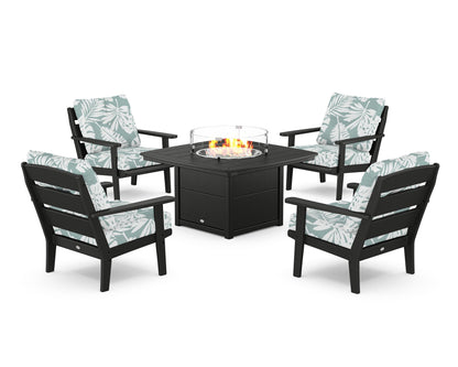 POLYWOOD® Lakeside 5-Piece Deep Seating Set with Nautical Fire Pit Table in Black / Leaf Glacier Spa