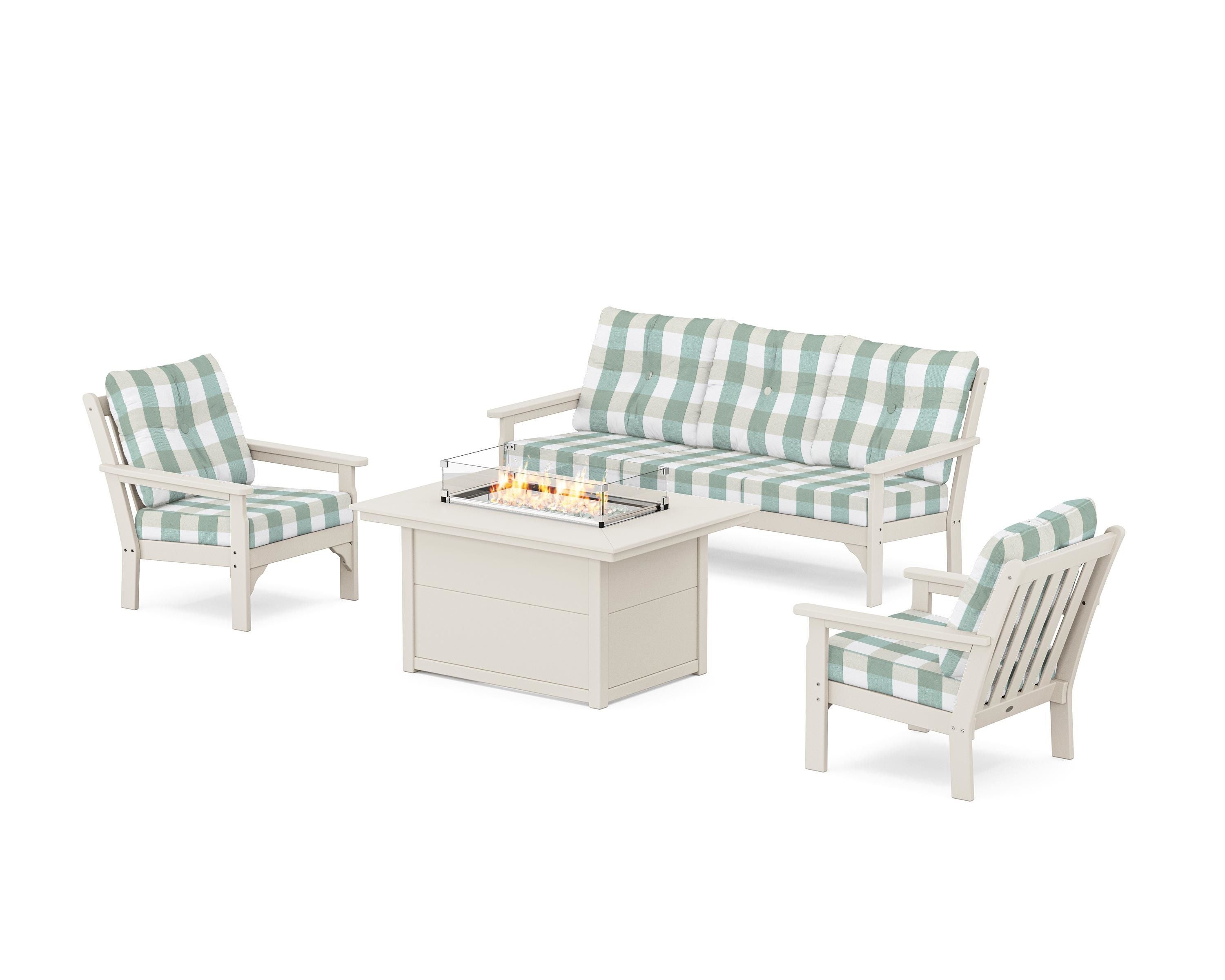 POLYWOOD® Vineyard Deep Seating Fire Pit Table Set in Sand / Buffalo Plaid Glacier Spa