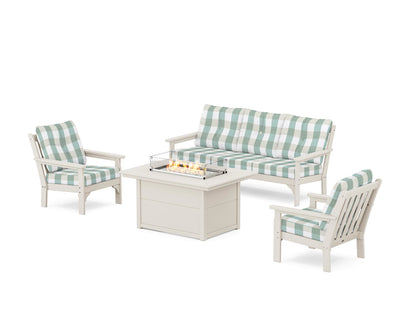 POLYWOOD® Vineyard Deep Seating Fire Pit Table Set in Sand / Buffalo Plaid Glacier Spa