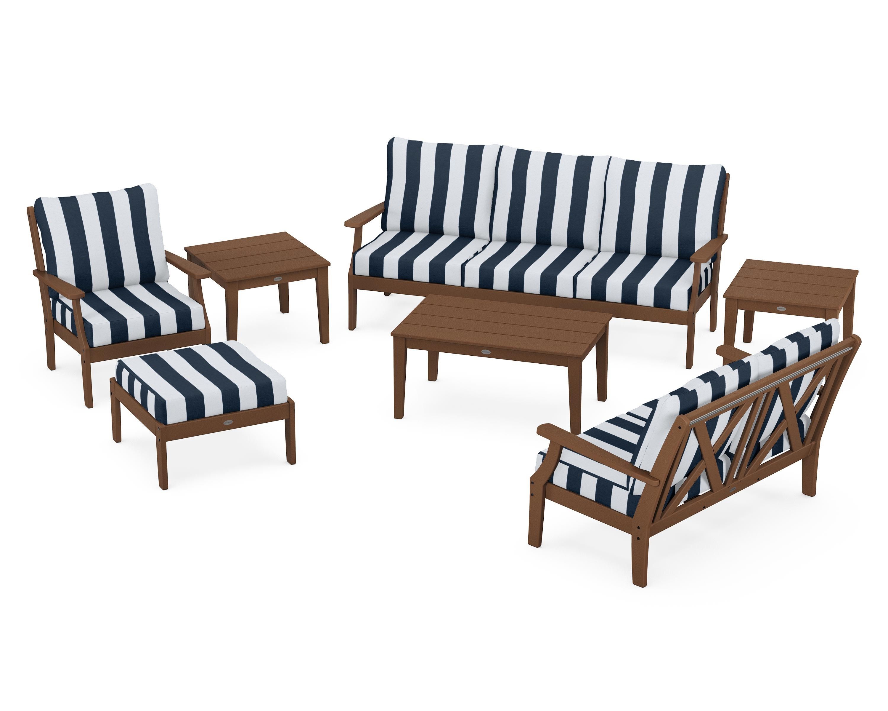 POLYWOOD® Braxton 7-Piece Deep Seating Set in Teak / Cabana Stripe Marine Indigo