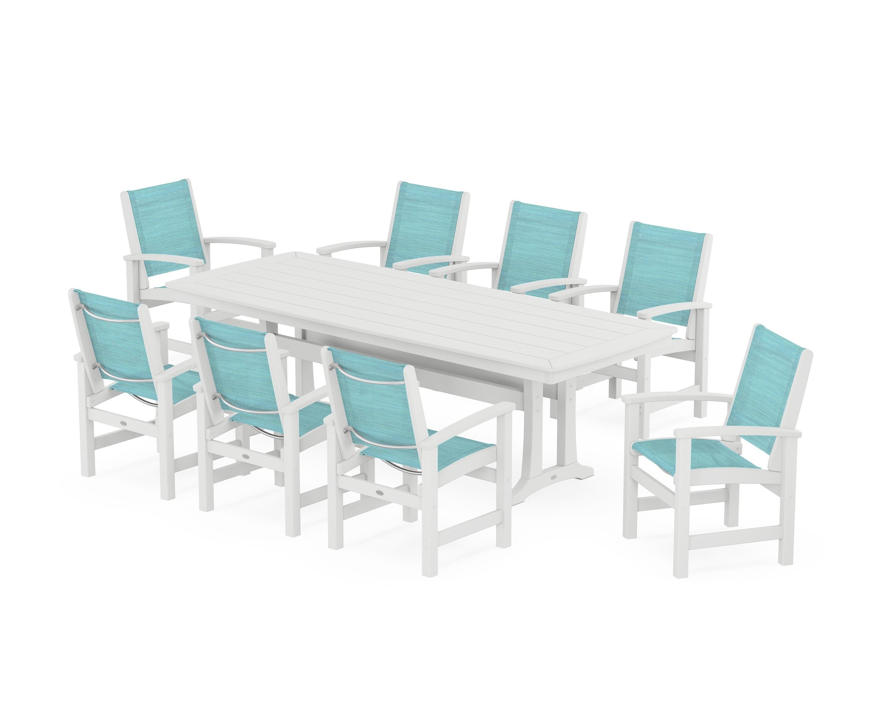 POLYWOOD® Coastal 9-Piece Dining Set with Trestle Legs in White / Dupioni Aquamarine Sling
