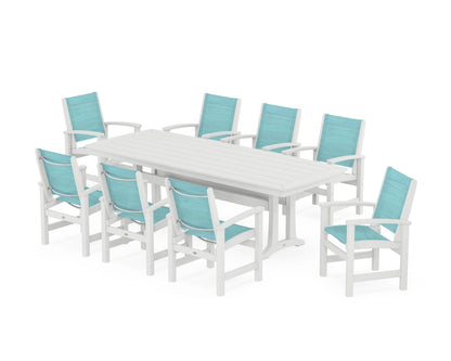 POLYWOOD® Coastal 9-Piece Dining Set with Trestle Legs in White / Dupioni Aquamarine Sling