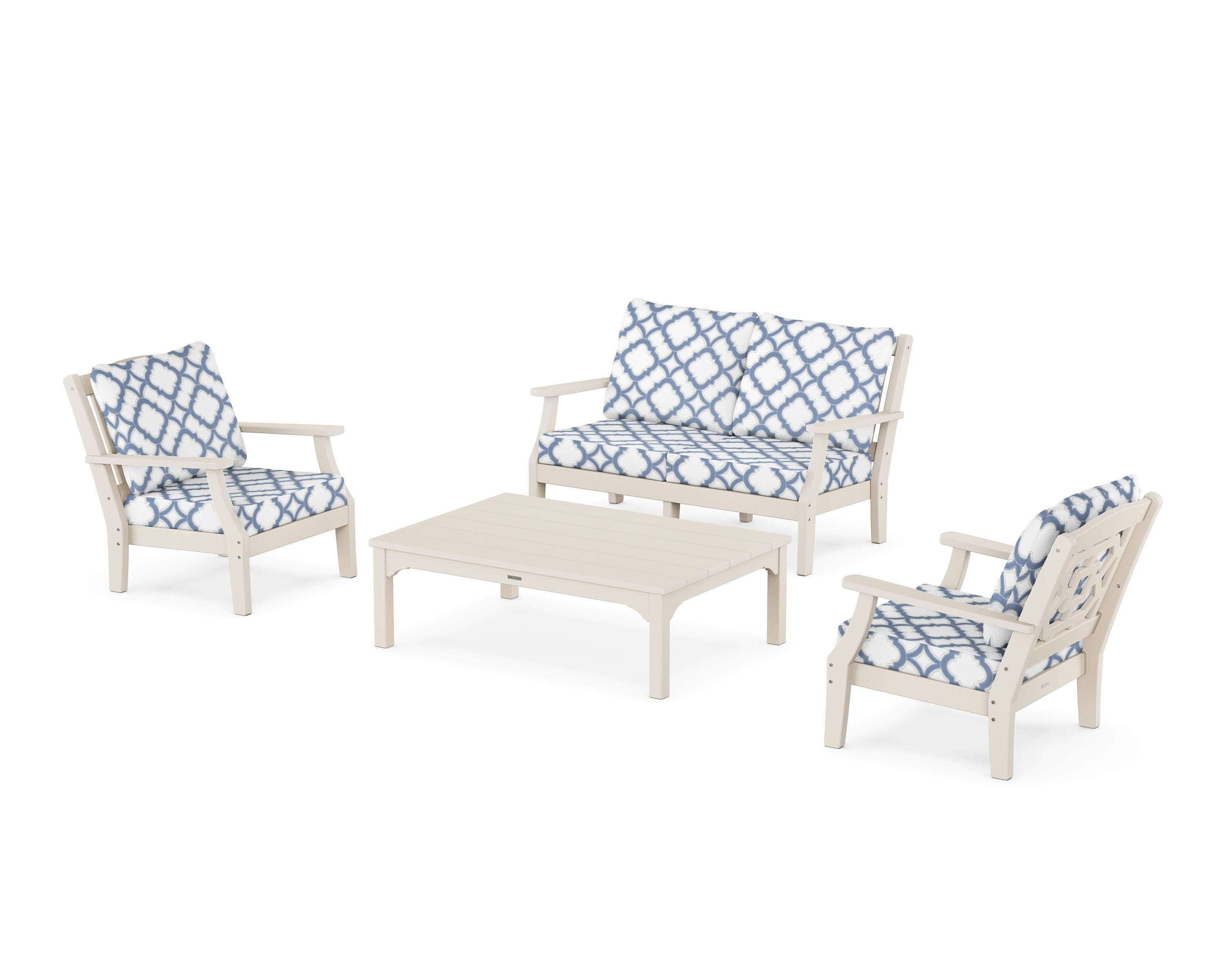 Martha Stewart by POLYWOOD® Chinoiserie 4-Piece Deep Seating Set with Loveseat in Sand / Trellis Sky Blue