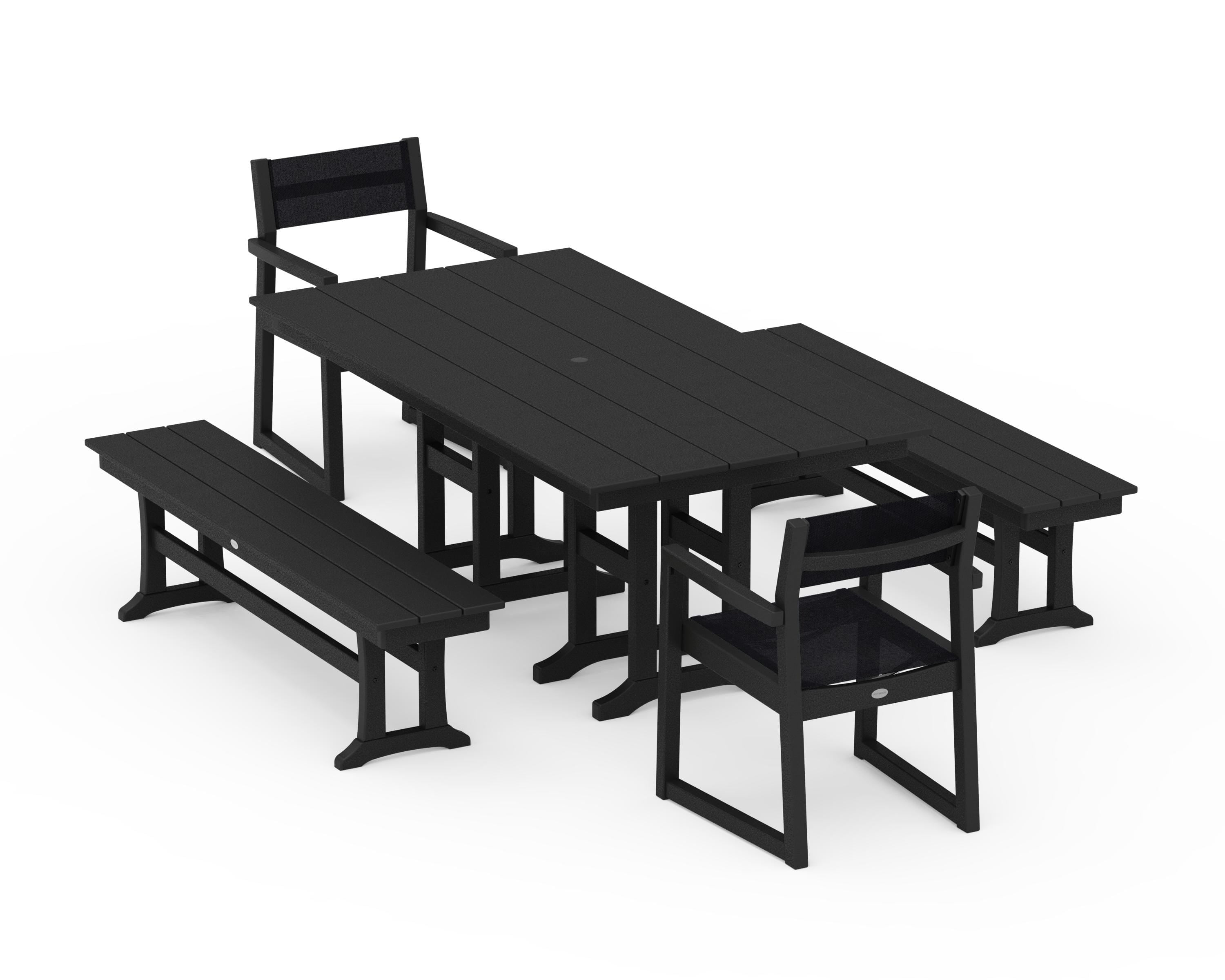 POLYWOOD® EDGE Sling Arm Chair 5-Piece Farmhouse Dining Set with Benches in Black / Black Sling