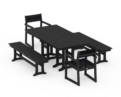 POLYWOOD® EDGE Sling Arm Chair 5-Piece Farmhouse Dining Set with Benches in Black / Black Sling