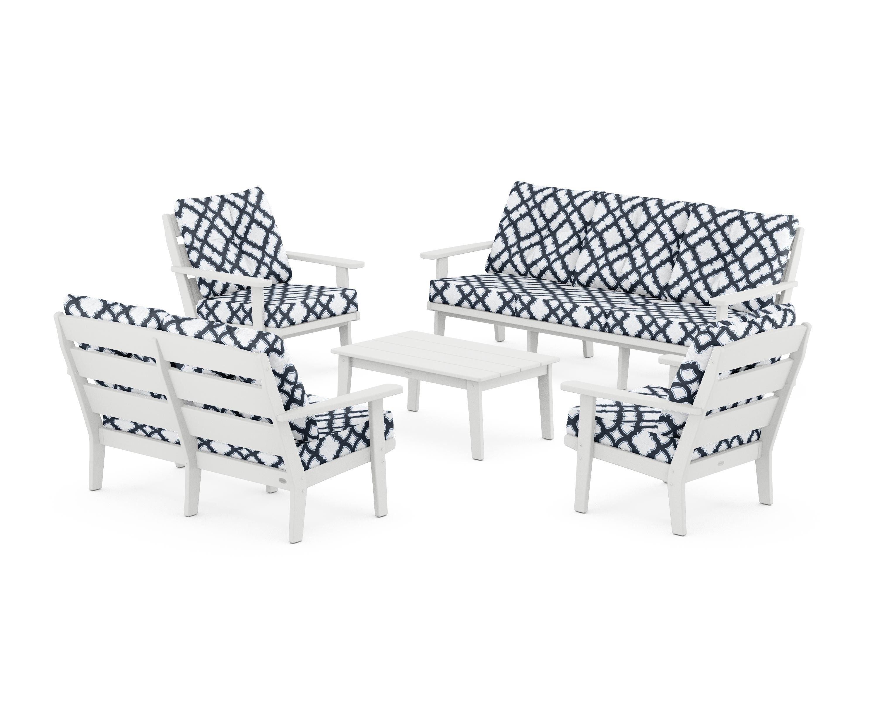 POLYWOOD® Lakeside 5-Piece Lounge Sofa Set in White / Trellis Marine Indigo