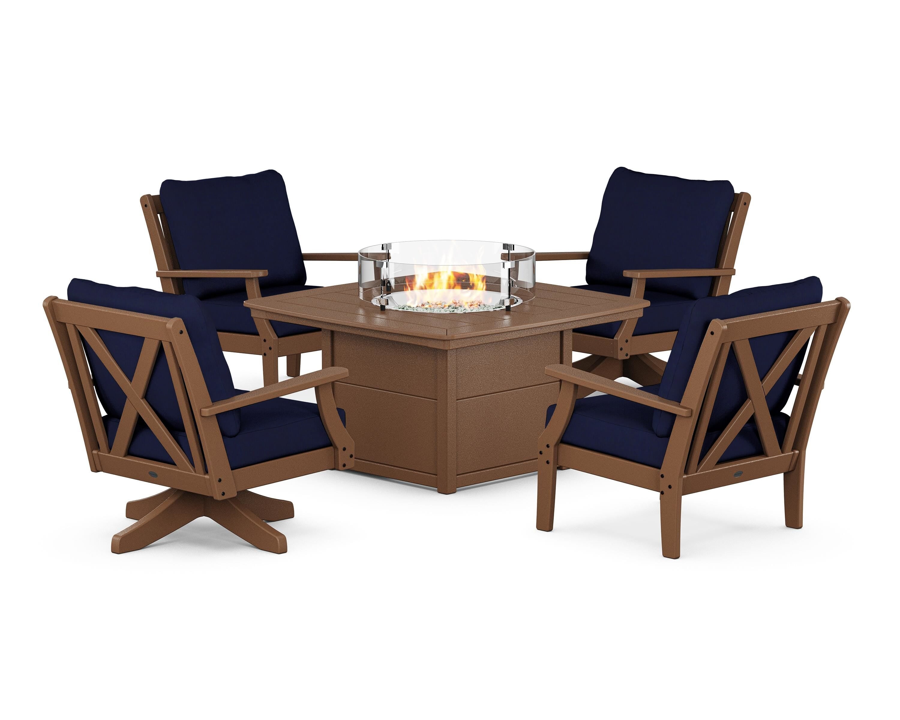 POLYWOOD® Braxton 5-Piece Deep Seating Set with Fire Table in Teak / Navy