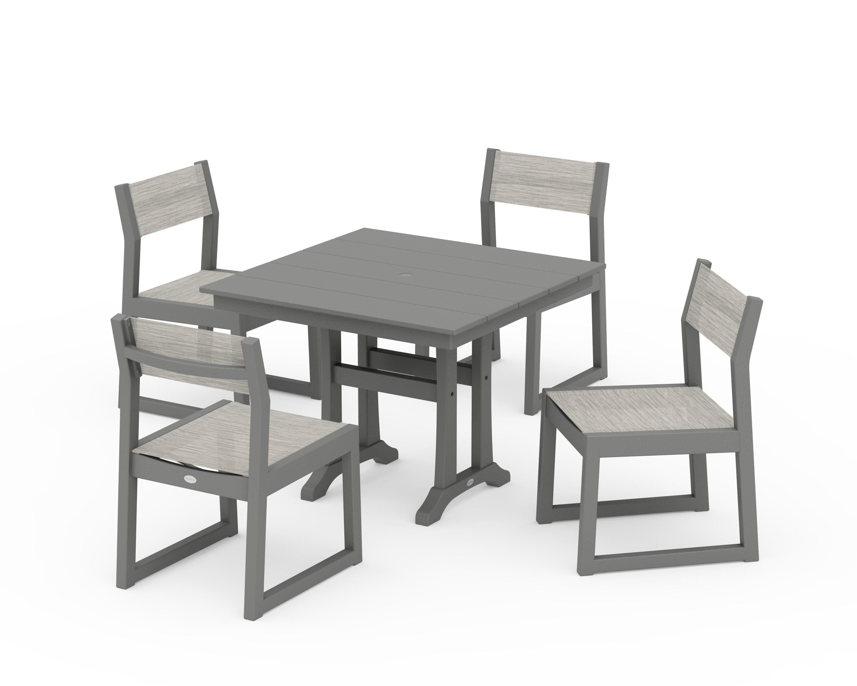 POLYWOOD® EDGE Sling 5-Piece Farmhouse Trestle Side Chair Dining Set in Slate Grey / Birch Sling