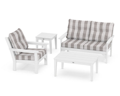 POLYWOOD® Vineyard 4-Piece Deep Seating Set in White / Buffalo Plaid Grey Mist