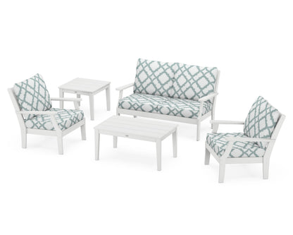 POLYWOOD® Braxton 5-Piece Deep Seating Set in White / Trellis Glacier Spa