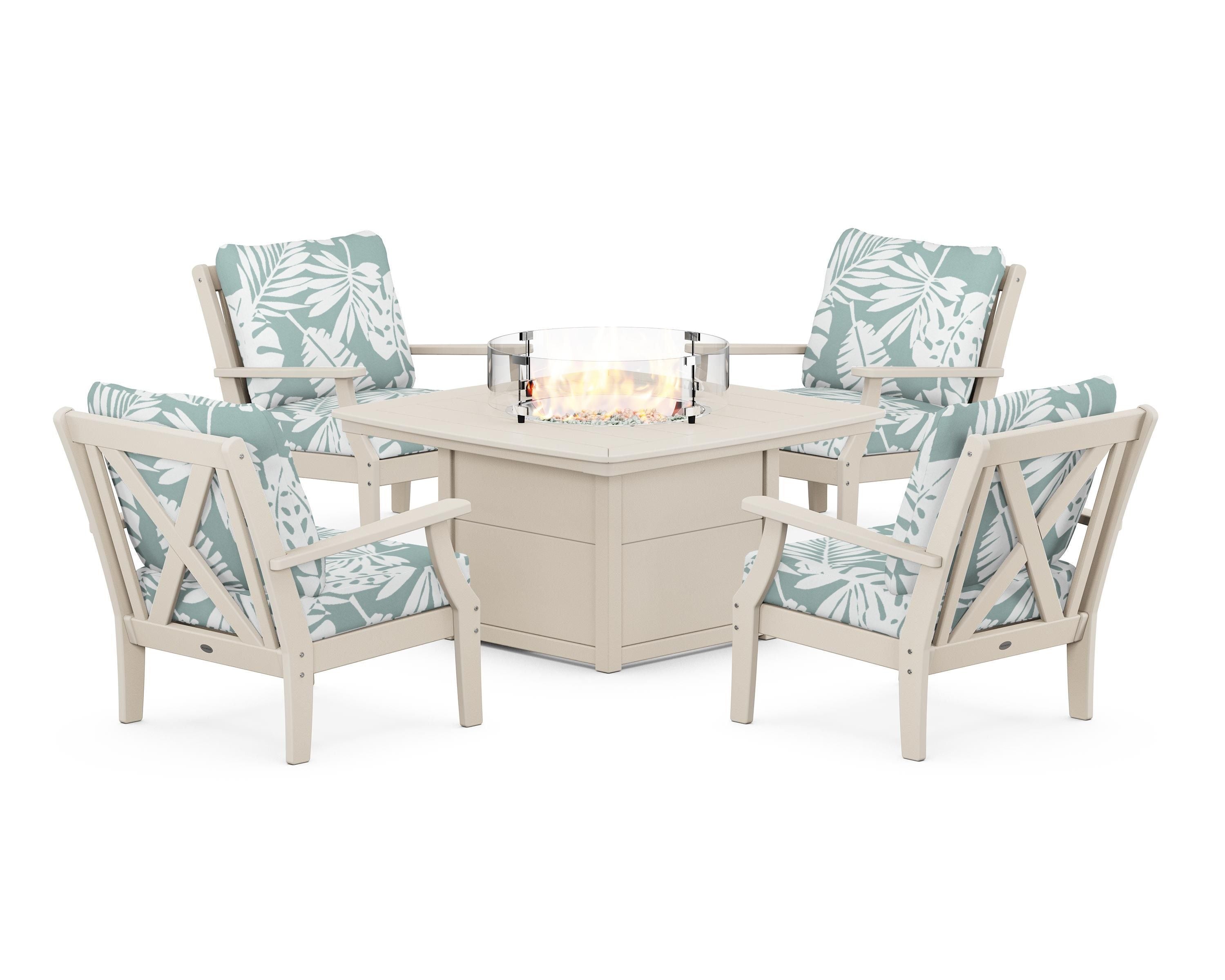 POLYWOOD® Braxton 5-Piece Deep Seating Conversation Set with Fire Pit Table in Sand / Leaf Glacier Spa