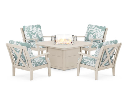 POLYWOOD® Braxton 5-Piece Deep Seating Conversation Set with Fire Pit Table in Sand / Leaf Glacier Spa