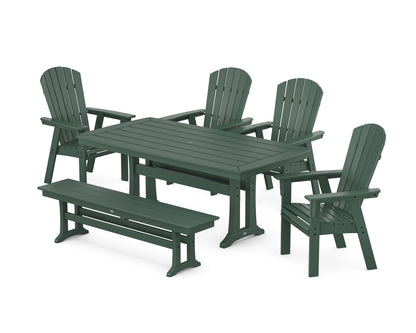 POLYWOOD® Nautical Curveback Adirondack 6-Piece Dining Set with Trestle Legs and Bench in Green
