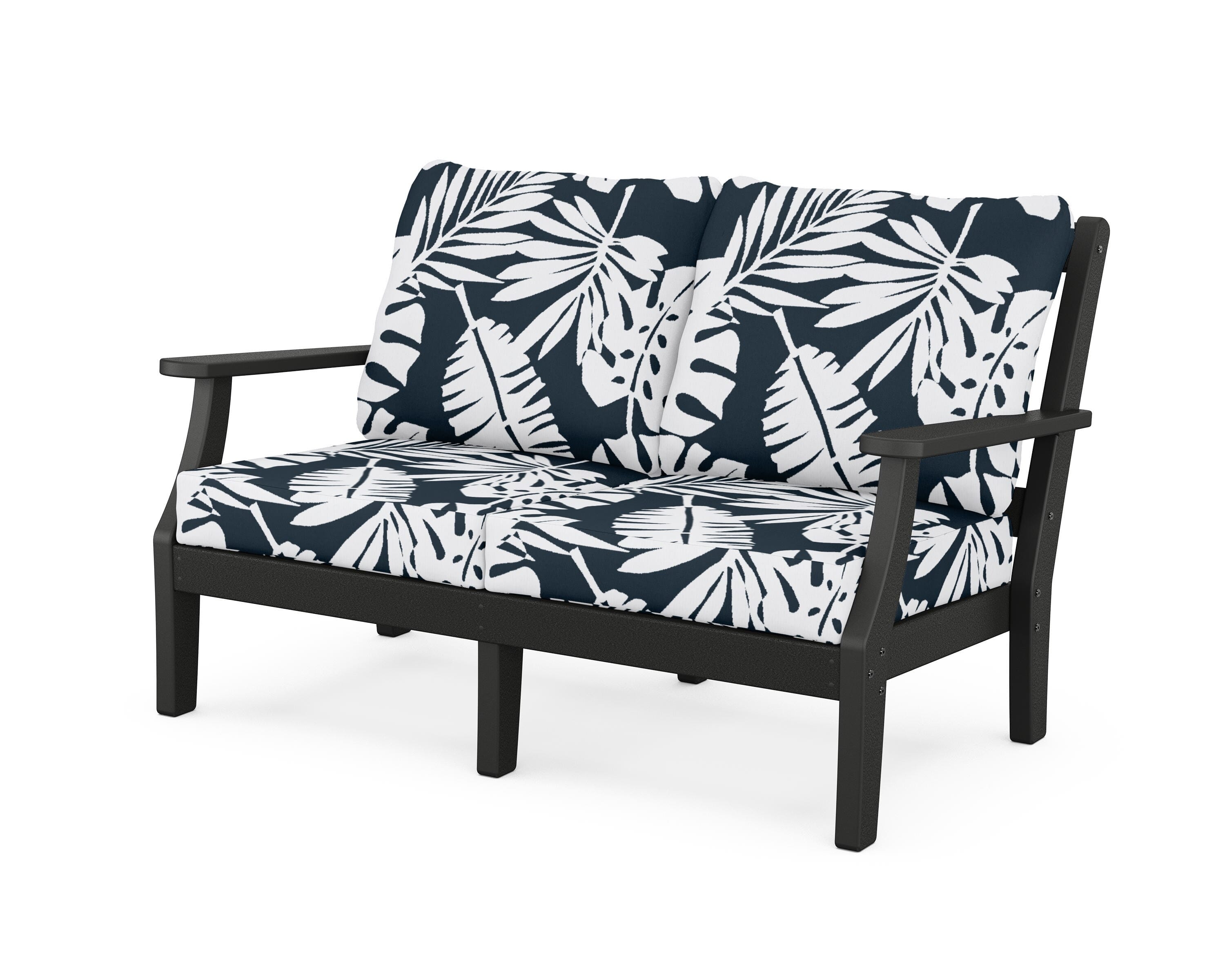Martha Stewart by POLYWOOD® Chinoiserie Deep Seating Loveseat in Black / Leaf Marine Indigo