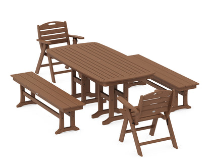 POLYWOOD® Nautical Lowback 5-Piece Dining Set with Benches in Teak