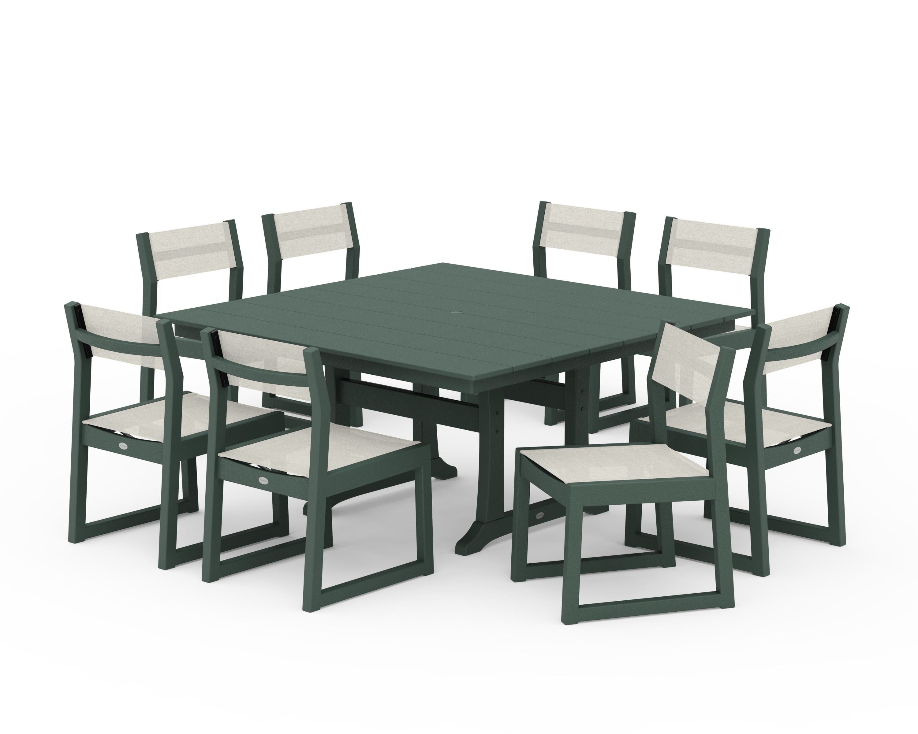 POLYWOOD® EDGE Sling Side Chair 9-Piece Farmhouse Trestle Dining Set in Green / Parchment Sling