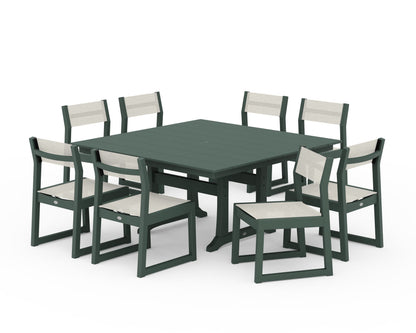 POLYWOOD® EDGE Sling Side Chair 9-Piece Farmhouse Trestle Dining Set in Green / Parchment Sling