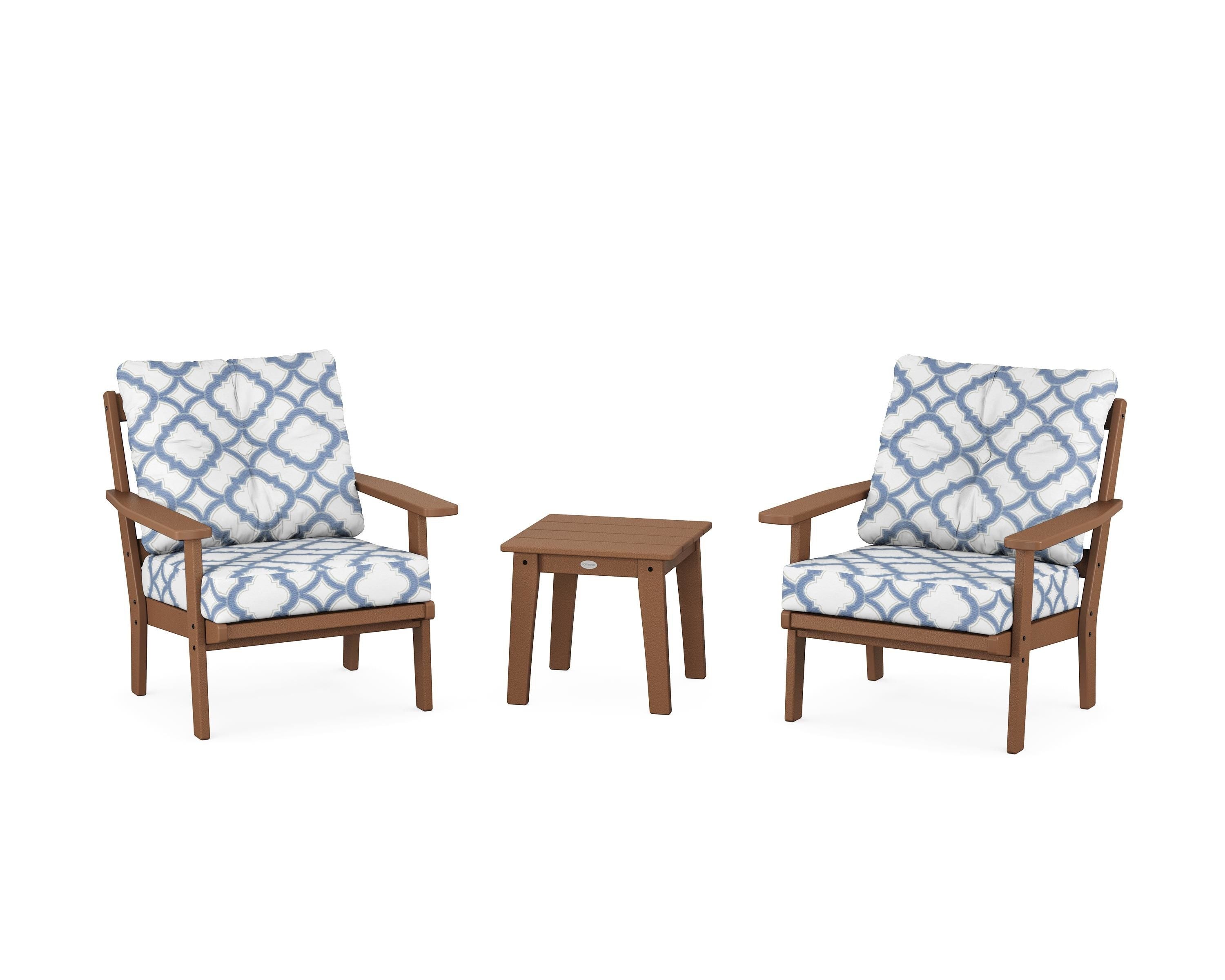 POLYWOOD® Oxford 3-Piece Deep Seating Set in Teak / Trellis Sky Blue
