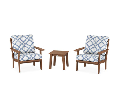 POLYWOOD® Oxford 3-Piece Deep Seating Set in Teak / Trellis Sky Blue