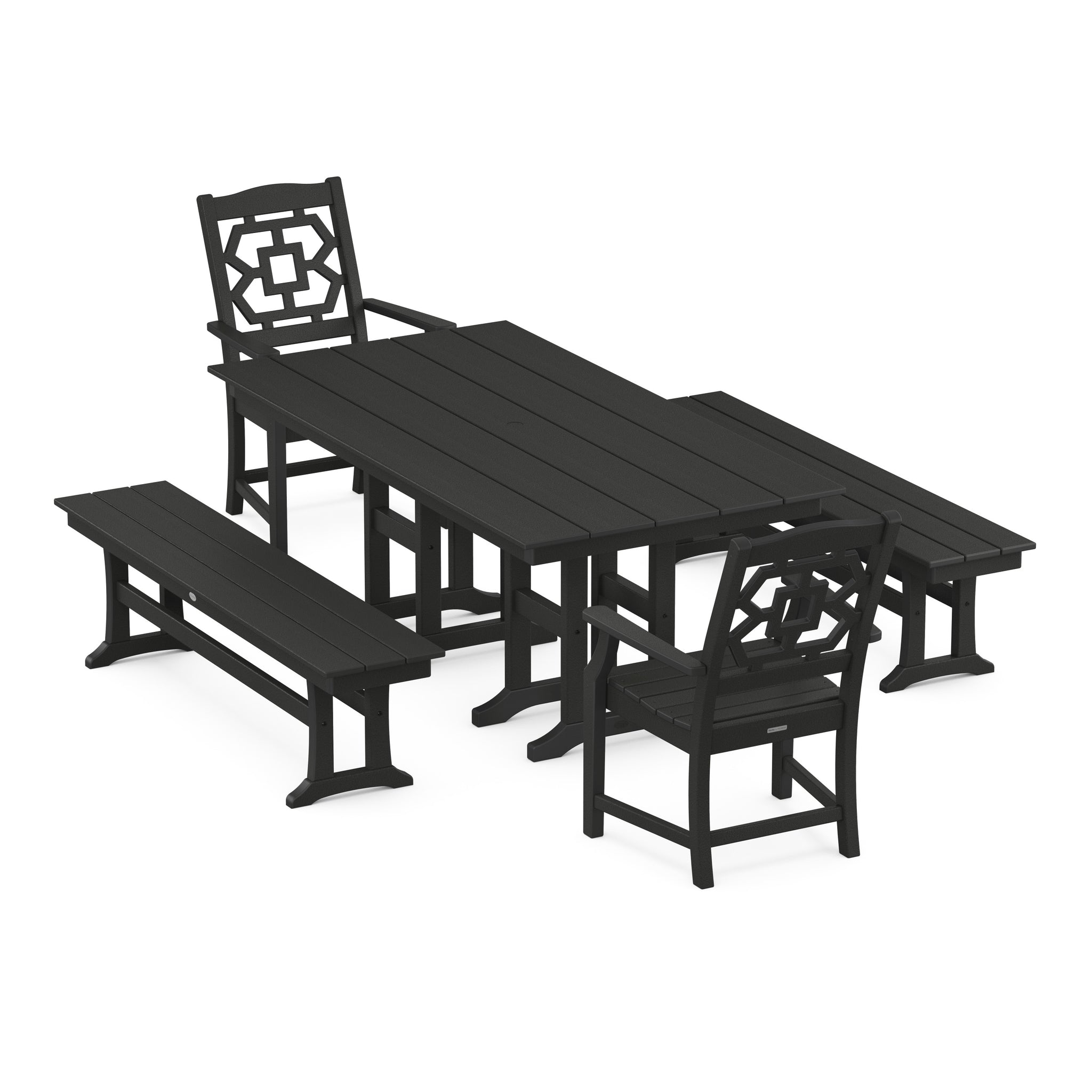 Chinoiserie 5-Piece Farmhouse Dining Set with Benches