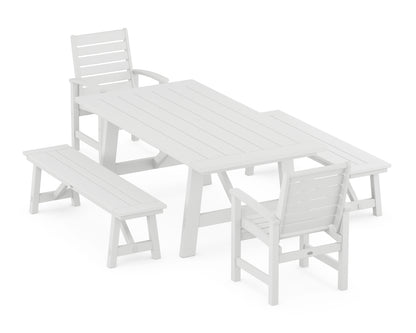 POLYWOOD® Signature 5-Piece Rustic Farmhouse Dining Set With Benches in White