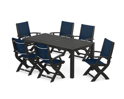 POLYWOOD® Coastal Folding Chair 7-Piece Parsons Dining Set in Black / Navy Blue Sling