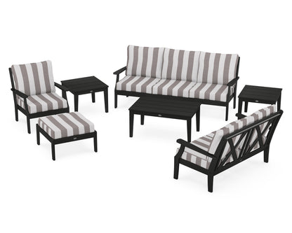 POLYWOOD® Braxton 7-Piece Deep Seating Set in Black / Cabana Stripe Grey Mist