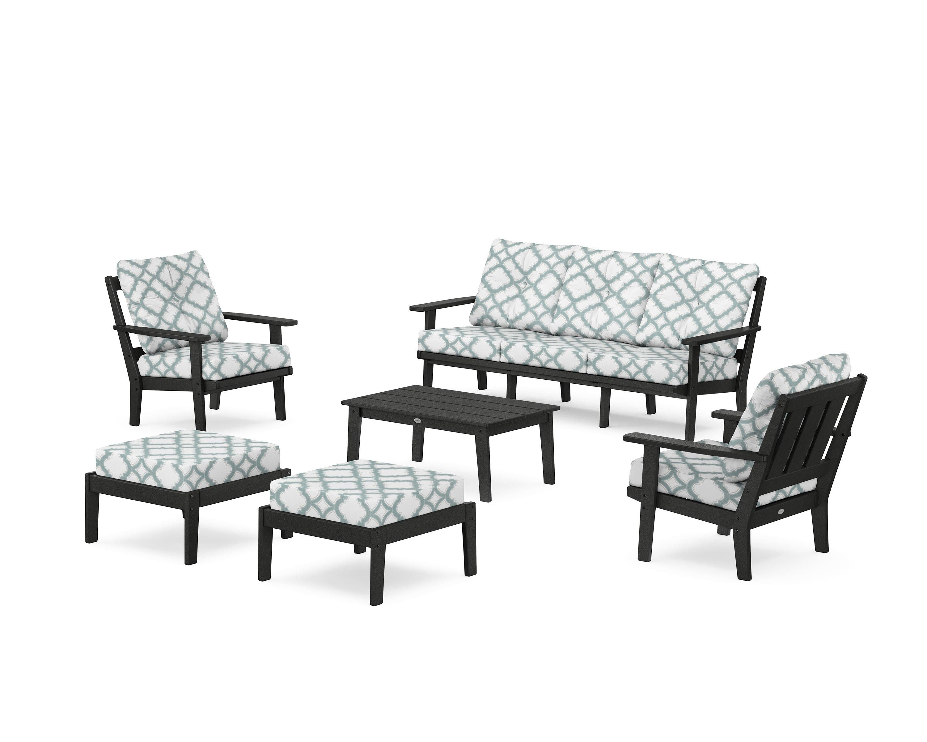 POLYWOOD® Oxford 6-Piece Lounge Sofa Set in Black / Trellis Glacier Spa