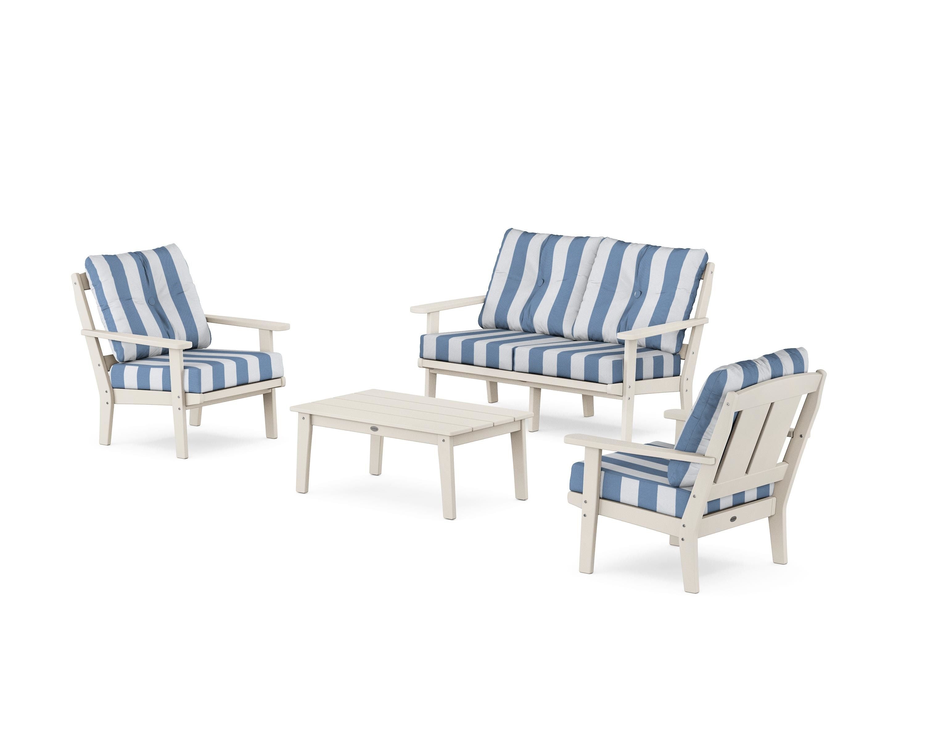 POLYWOOD® Mission 4-Piece Deep Seating Set with Loveseat in Sand / Cabana Stripe Sky Blue