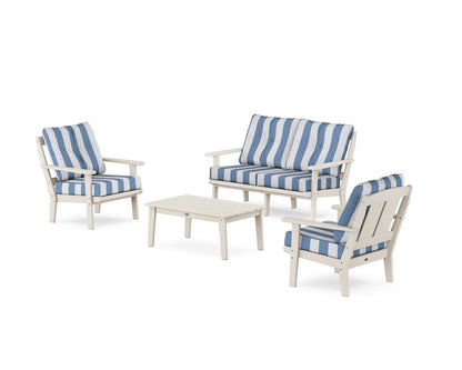 POLYWOOD® Mission 4-Piece Deep Seating Set with Loveseat in Sand / Cabana Stripe Sky Blue