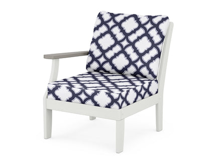 POLYWOOD® Braxton Modular Left Arm Chair in White / Driftwood / Trellis Navy