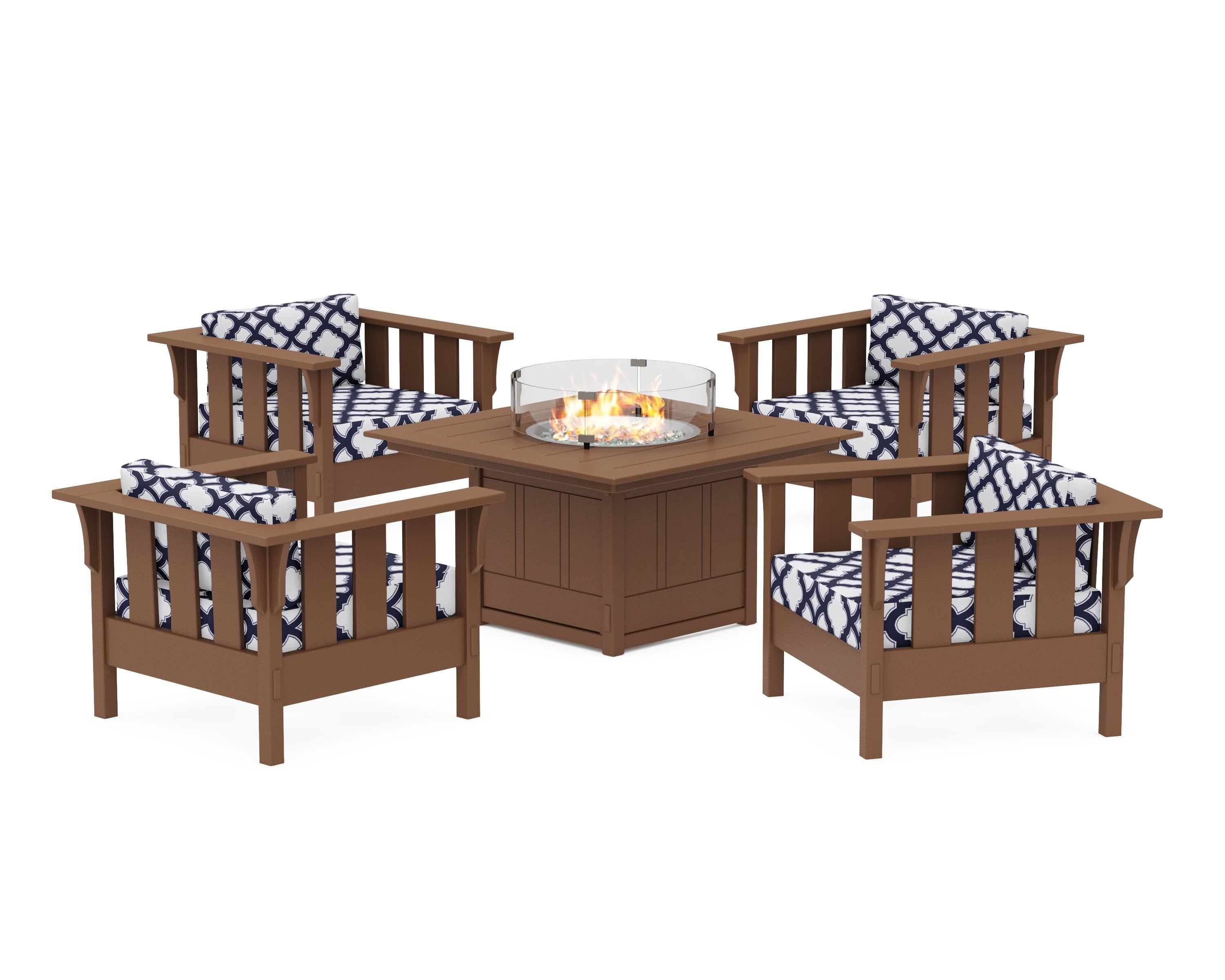 Martha Stewart by POLYWOOD® Acadia 5-Piece Deep Seating Set with Fire Pit Table in Teak / Trellis Navy
