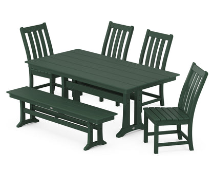 POLYWOOD® Vineyard Side Chair 6-Piece Farmhouse Dining Set with Trestle Legs and Bench in Green