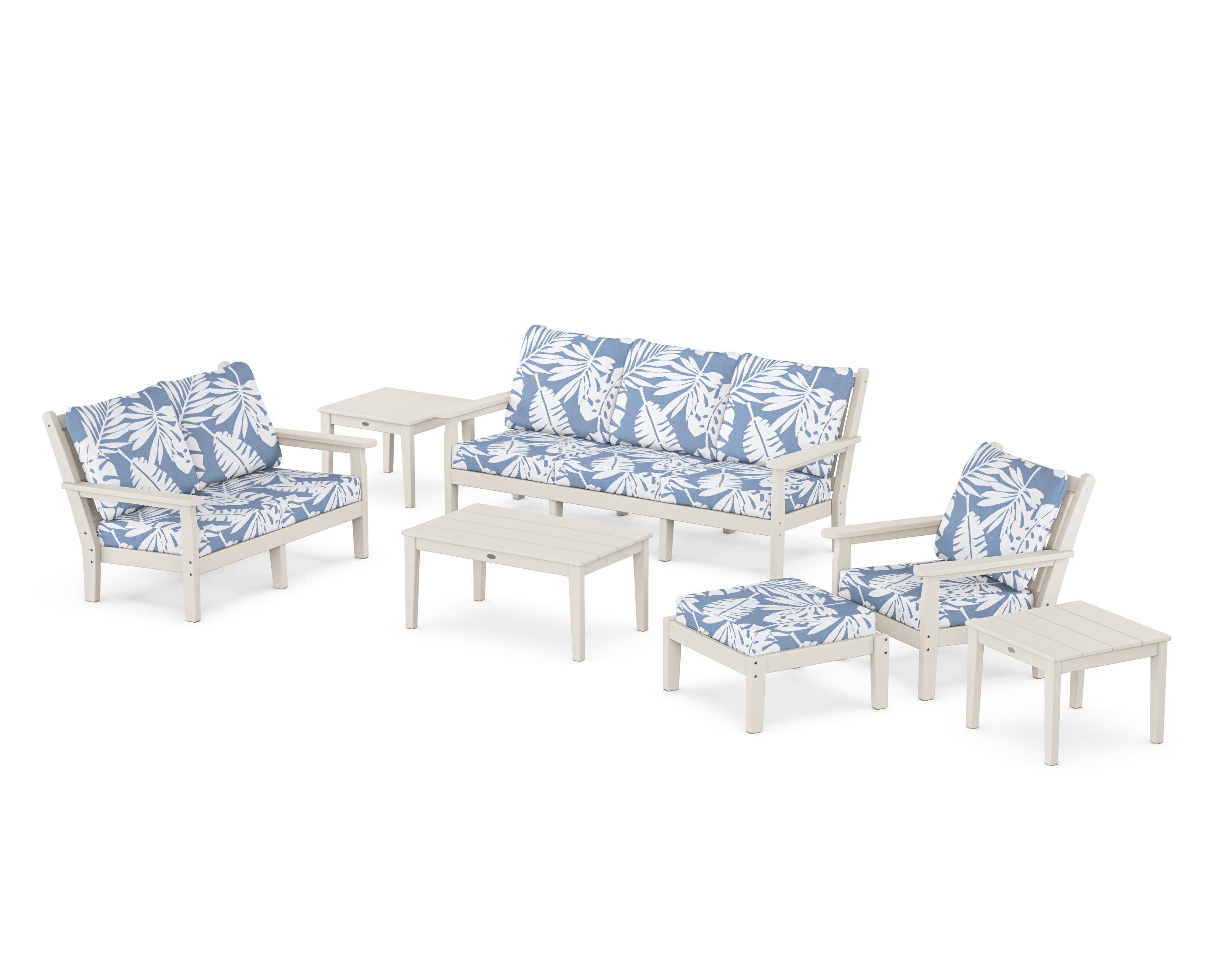 POLYWOOD® Chippendale 7-Piece Deep Seating Set in Sand / Leaf Sky Blue