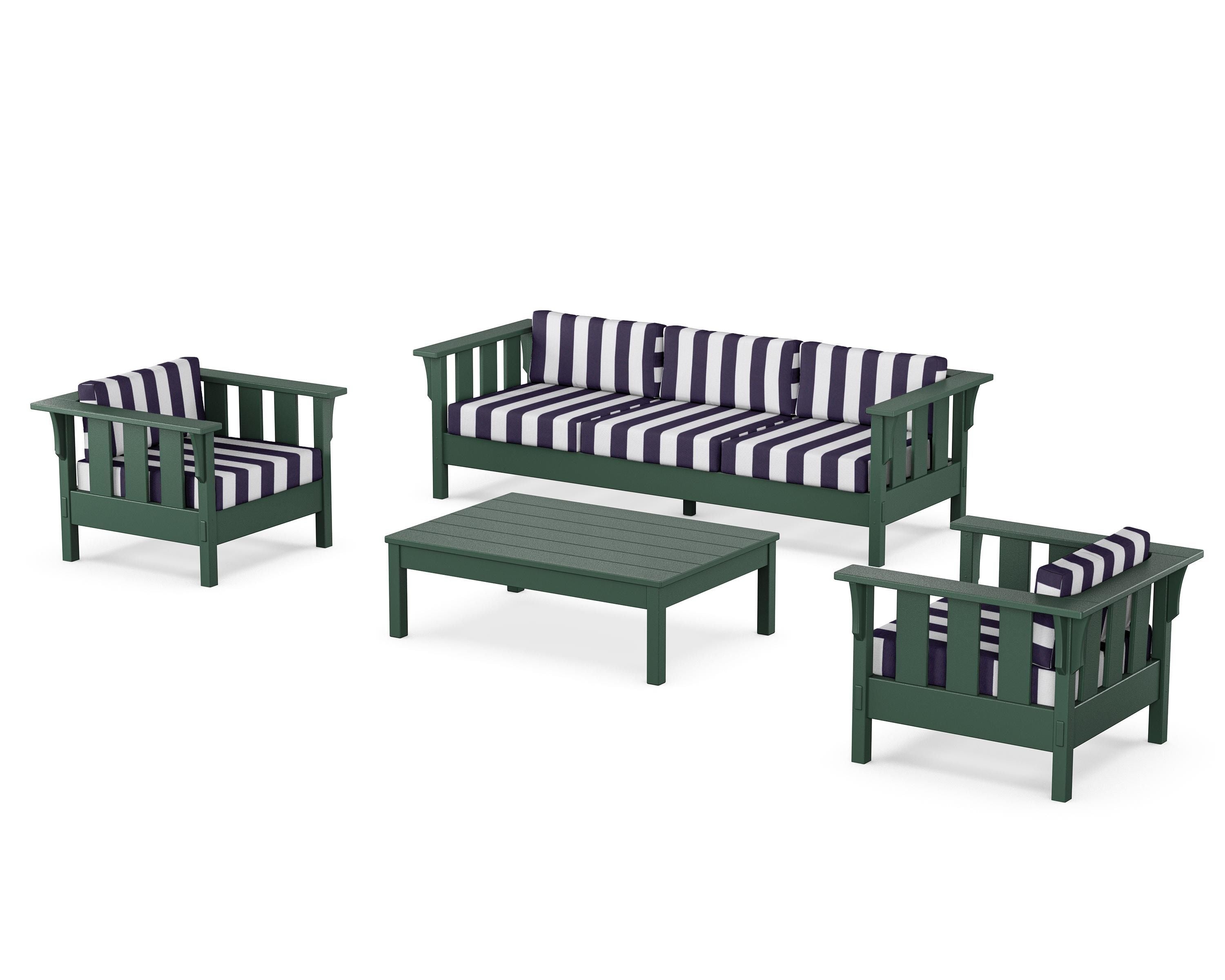 Martha Stewart by POLYWOOD® Acadia 4-Piece Deep Seating Set with Sofa in Green / Cabana Stripe Navy