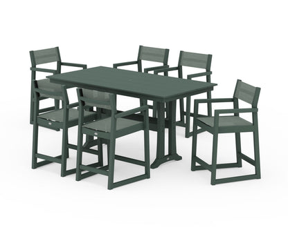 POLYWOOD® EDGE Sling Arm Chair 7-Piece Farmhouse Counter Set with Trestle Legs in Green / Dupioni Sea Mist Sling