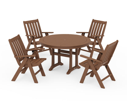 POLYWOOD® Vineyard Folding Chair 5-Piece Round Dining Set with Trestle Legs in Teak