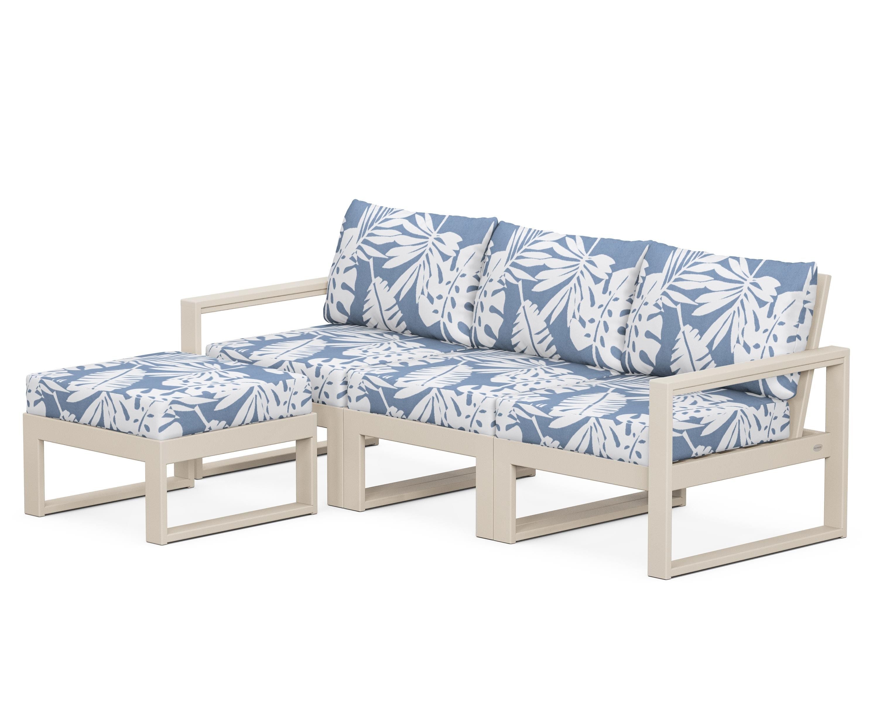POLYWOOD® EDGE 4-Piece Modular Deep Seating Set with Ottoman in Sand / Leaf Sky Blue