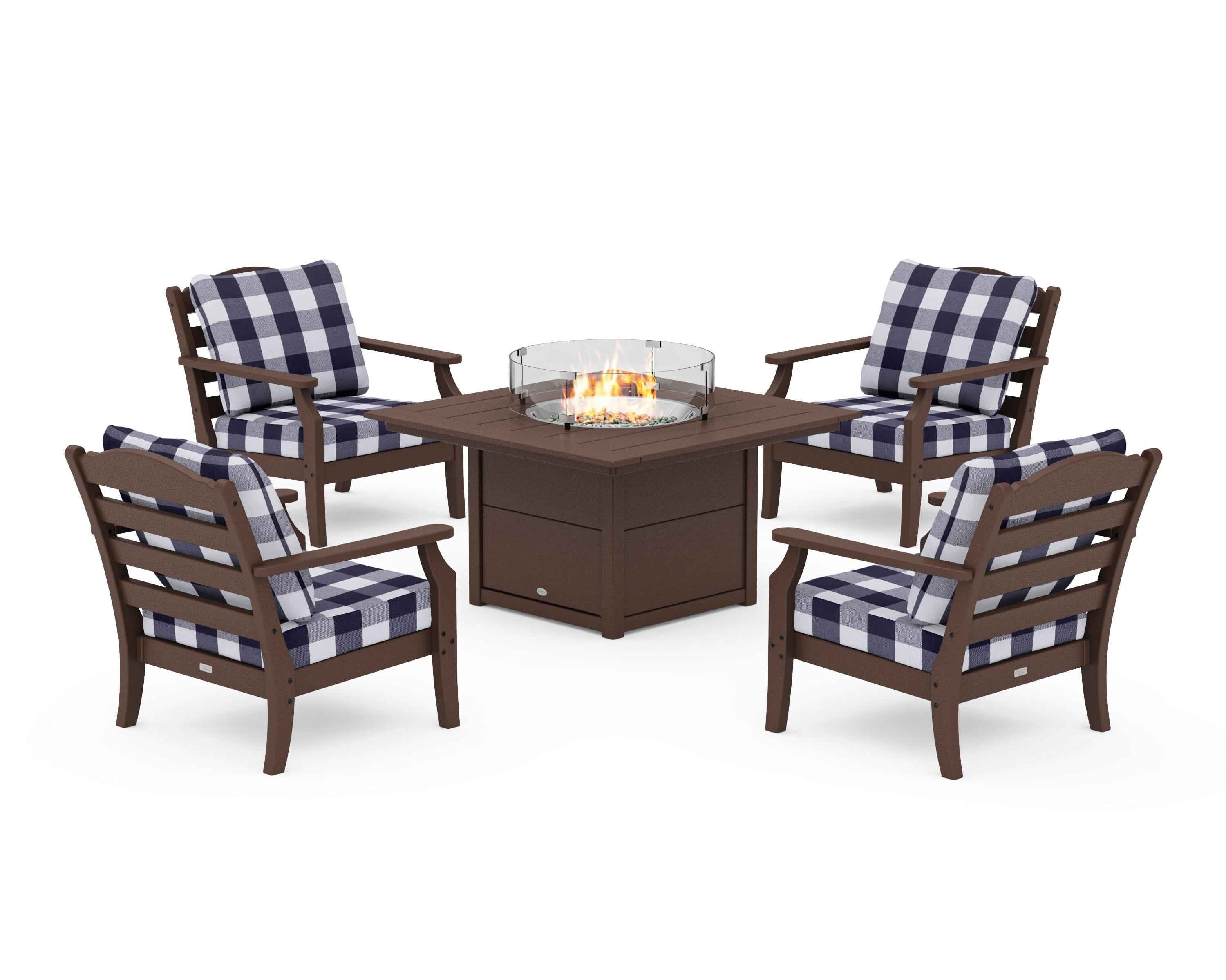 Draper James™ by  POLYWOOD® Savannah 5-Piece Deep Seating Set with Fire Pit Table in Mahogany / Buffalo Plaid Navy