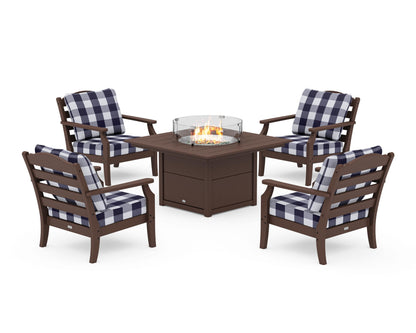 Draper James™ by  POLYWOOD® Savannah 5-Piece Deep Seating Set with Fire Pit Table in Mahogany / Buffalo Plaid Navy