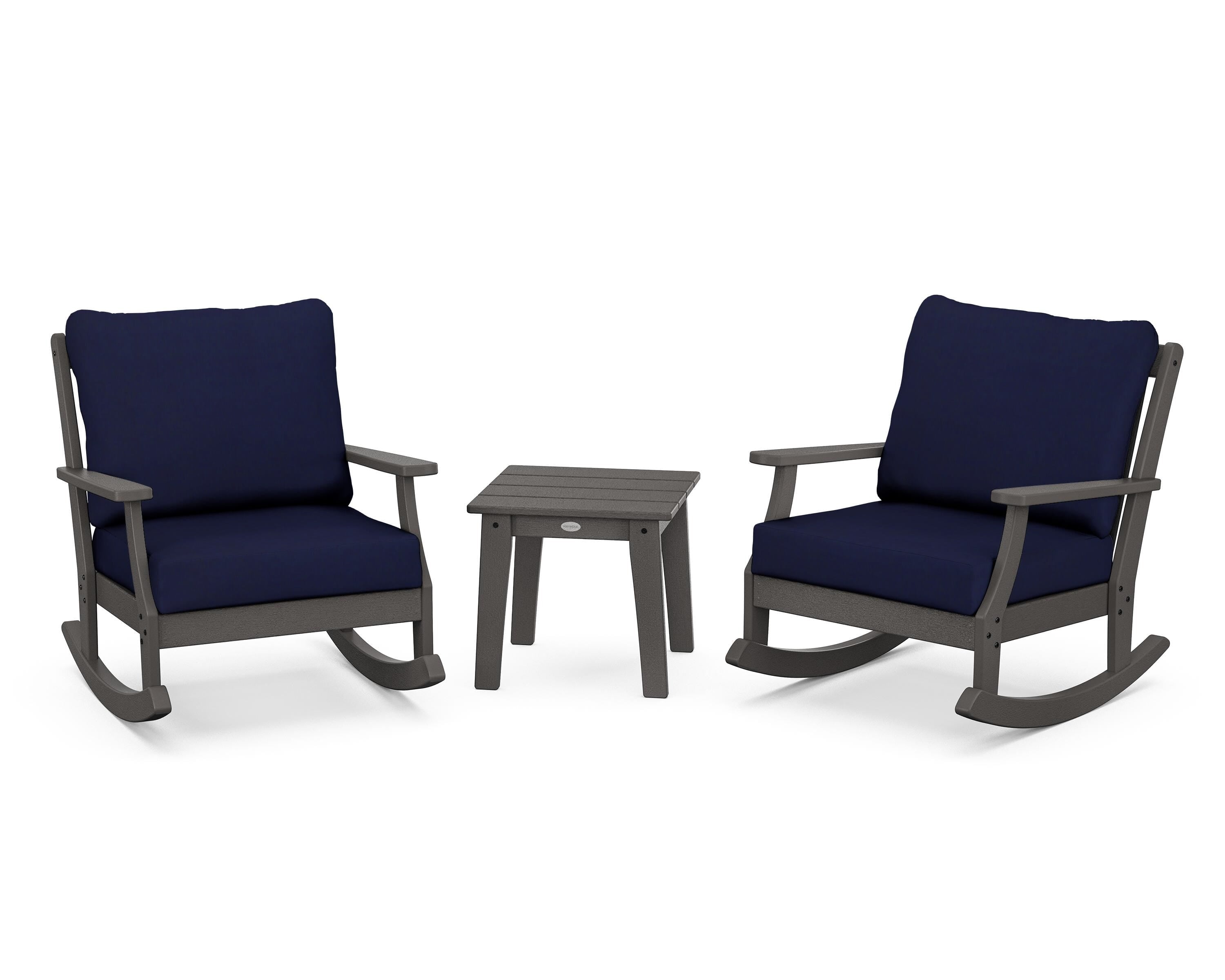 POLYWOOD® Braxton 3-Piece Deep Seating Rocker Set in Vintage Coffee / Navy